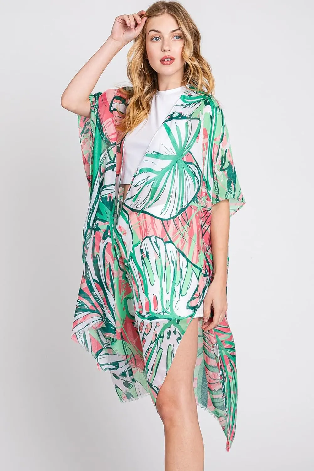 Lightweight Open Shawl Cardigan - Kimono Kaftan Poncho, Sheer Beach Swim Cover-Up Vest Floral Tassel, Tropical Leaf Print