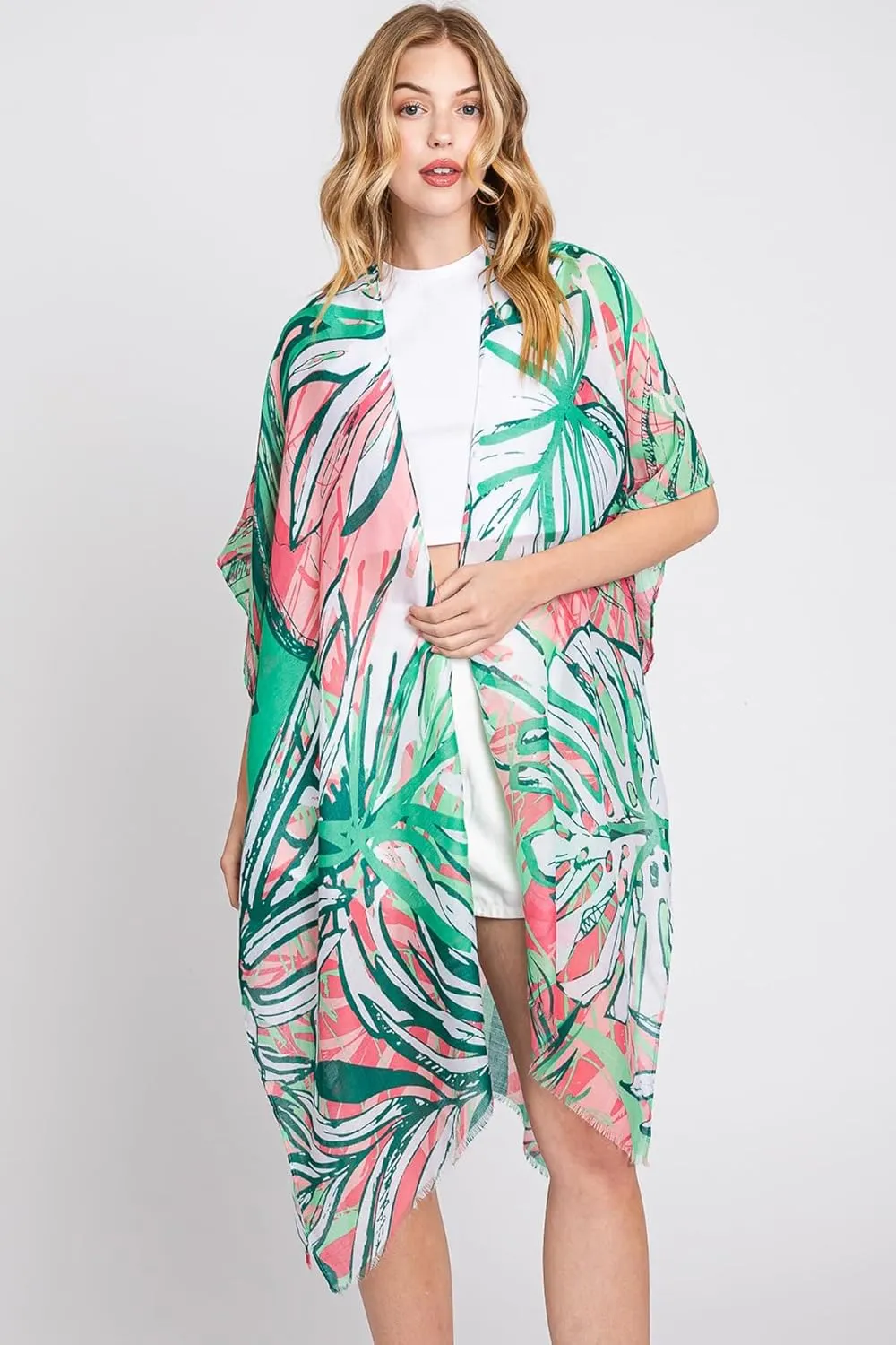 Lightweight Open Shawl Cardigan - Kimono Kaftan Poncho, Sheer Beach Swim Cover-Up Vest Floral Tassel, Tropical Leaf Print