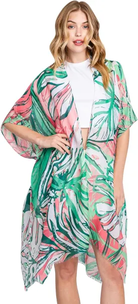 Lightweight Open Shawl Cardigan - Kimono Kaftan Poncho, Sheer Beach Swim Cover-Up Vest Floral Tassel, Tropical Leaf Print