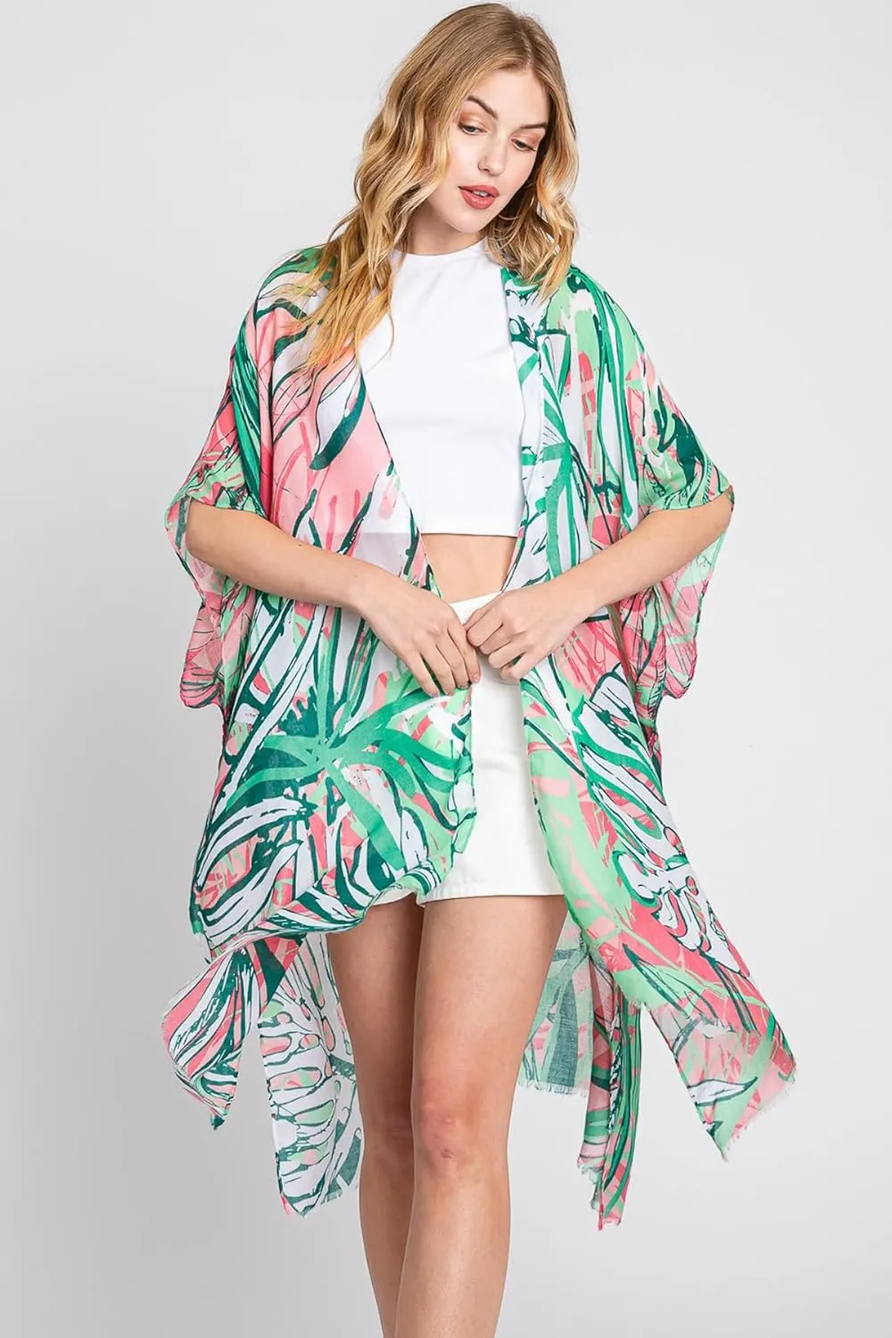 Lightweight Open Shawl Cardigan - Kimono Kaftan Poncho, Sheer Beach Swim Cover-Up Vest Floral Tassel, Tropical Leaf Print