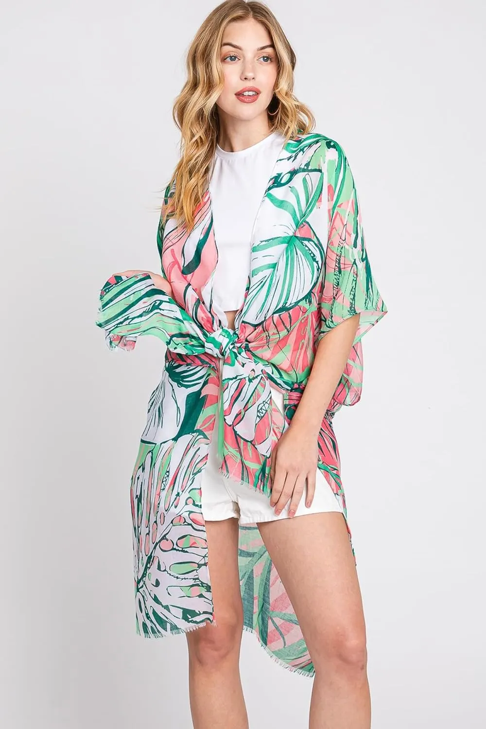 Lightweight Open Shawl Cardigan - Kimono Kaftan Poncho, Sheer Beach Swim Cover-Up Vest Floral Tassel, Tropical Leaf Print