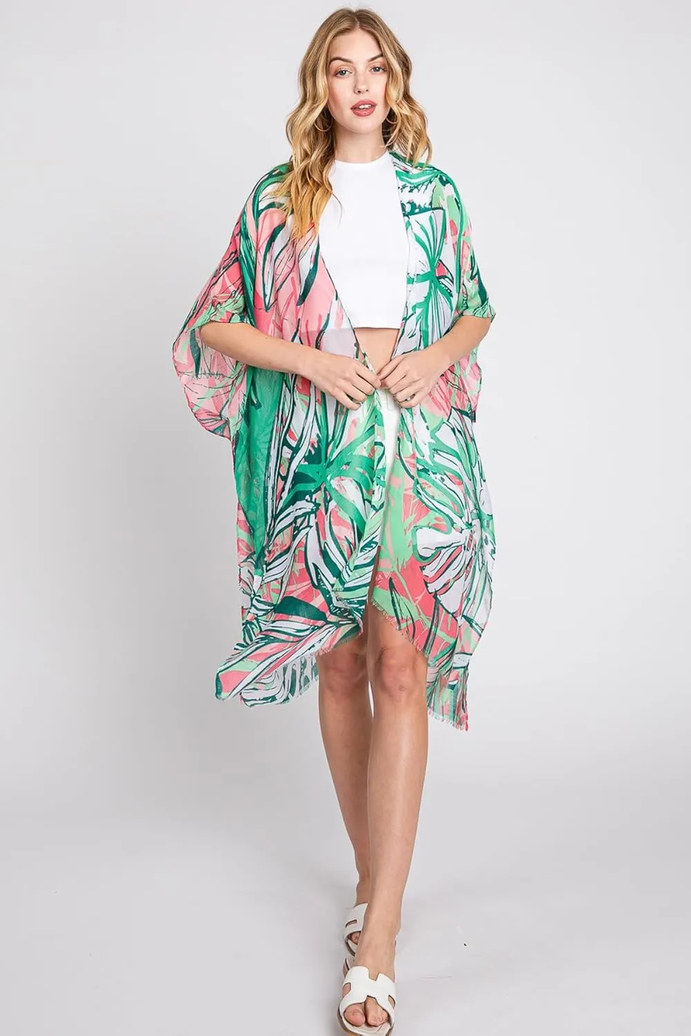 Lightweight Open Shawl Cardigan - Kimono Kaftan Poncho, Sheer Beach Swim Cover-Up Vest Floral Tassel, Tropical Leaf Print