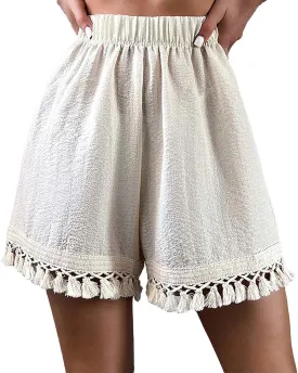 Linen Shorts for Womens Trendy High Waisted Tassel Tiered Shorts Loose Fit 2025 Summer Boho Beach Short with Pockets