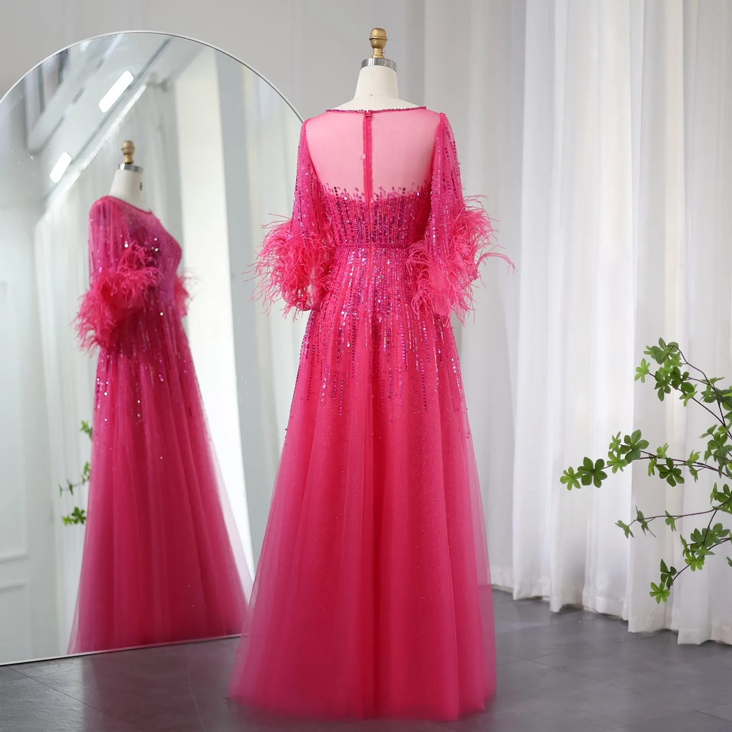Luxury Feathers Black Half Sleeve Evening Dress SS339