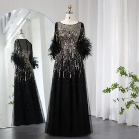 Luxury Feathers Black Half Sleeve Evening Dress SS339