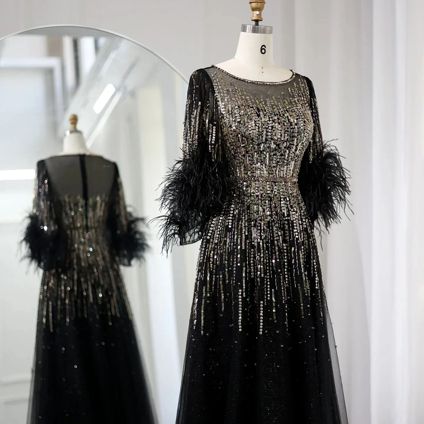 Luxury Feathers Black Half Sleeve Evening Dress SS339