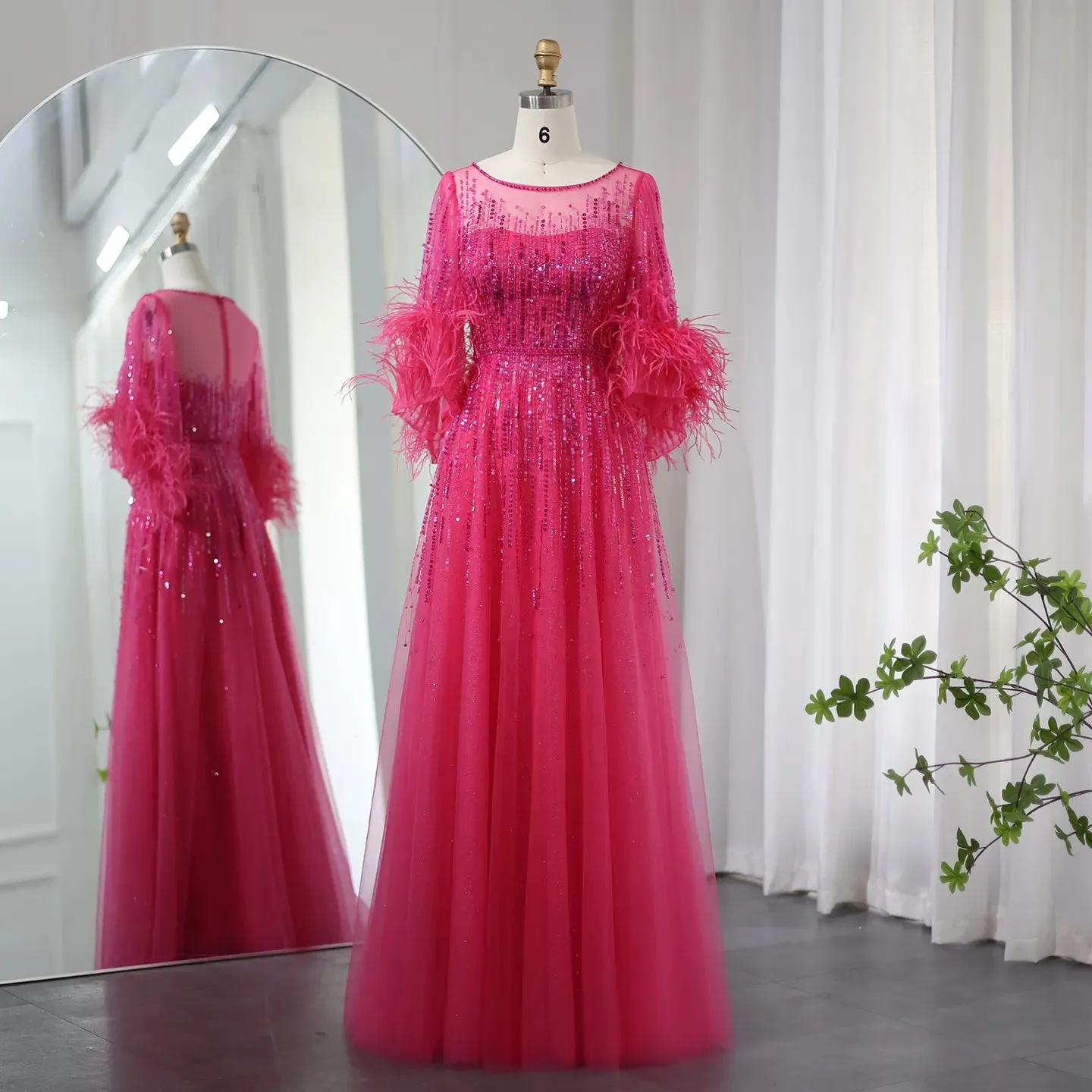 Luxury Feathers Black Half Sleeve Evening Dress SS339