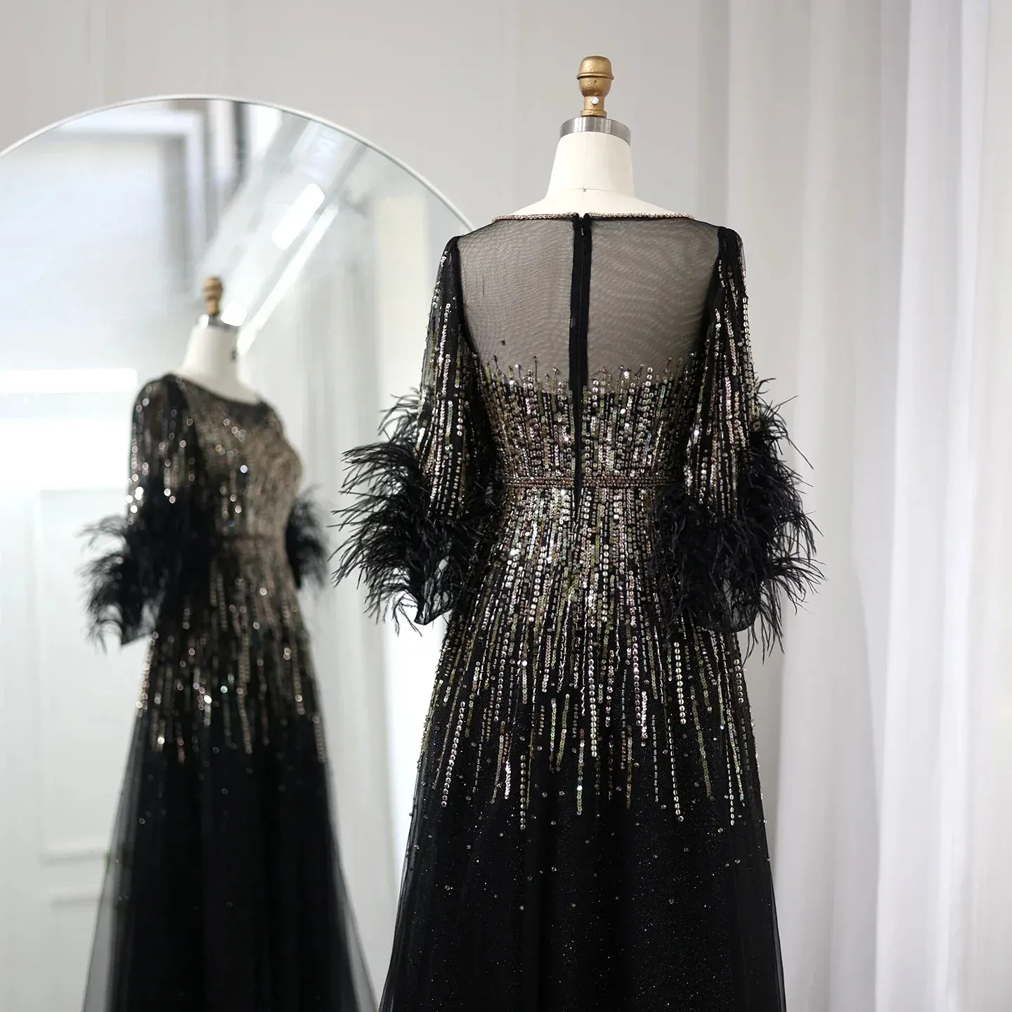 Luxury Feathers Black Half Sleeve Evening Dress SS339