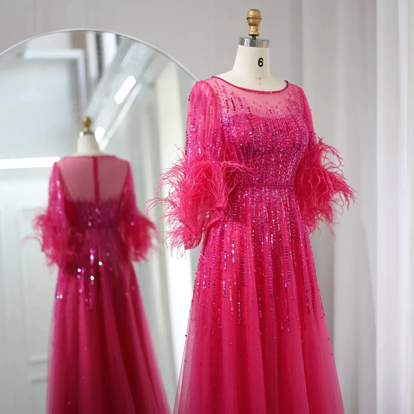 Luxury Feathers Black Half Sleeve Evening Dress SS339