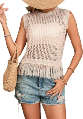 MakeMeChic Women's Fringe Crochet Sheer Tank Tops Crew Neck Sleeveless Knit Sweater Vest