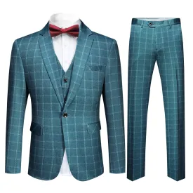 Men's 3-Piece Plaid Casual Suit Blue