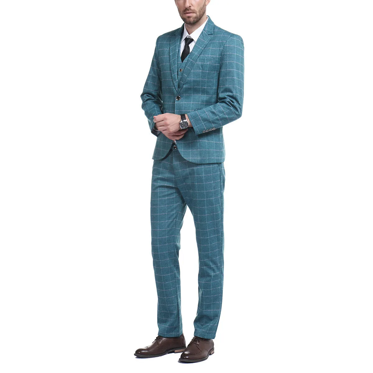 Men's 3-Piece Plaid Casual Suit Blue