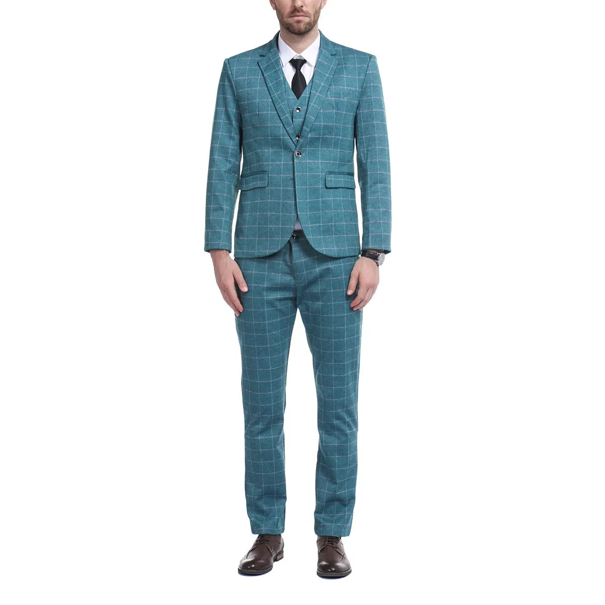 Men's 3-Piece Plaid Casual Suit Blue