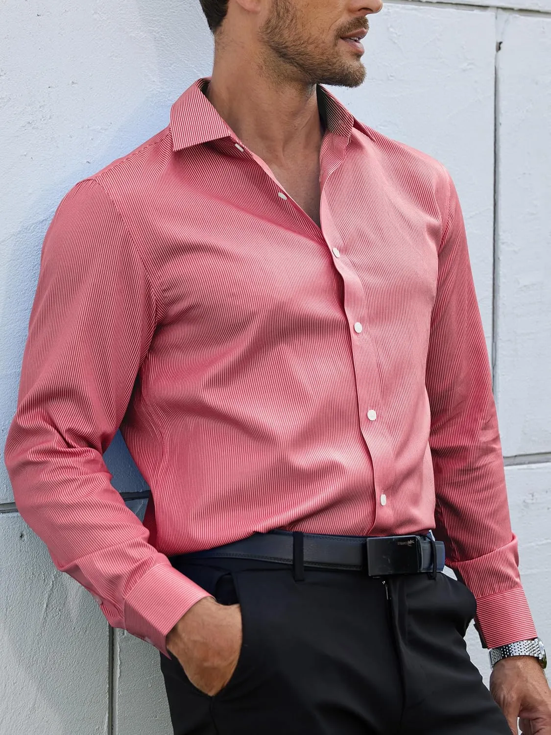 Mens Grade 4 Wrinkle-Resistant Pinstripe Dress Shirts Regular Fit Long Sleeve Button Down Shirts