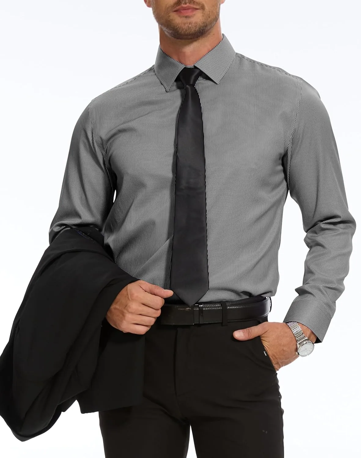Mens Grade 4 Wrinkle-Resistant Pinstripe Dress Shirts Regular Fit Long Sleeve Button Down Shirts