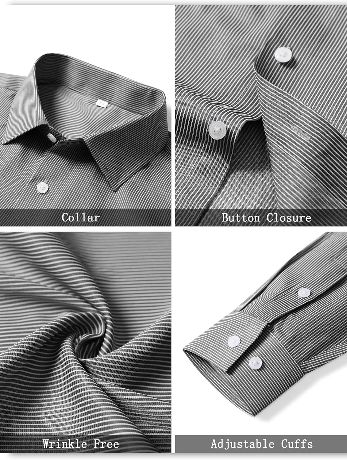Mens Grade 4 Wrinkle-Resistant Pinstripe Dress Shirts Regular Fit Long Sleeve Button Down Shirts