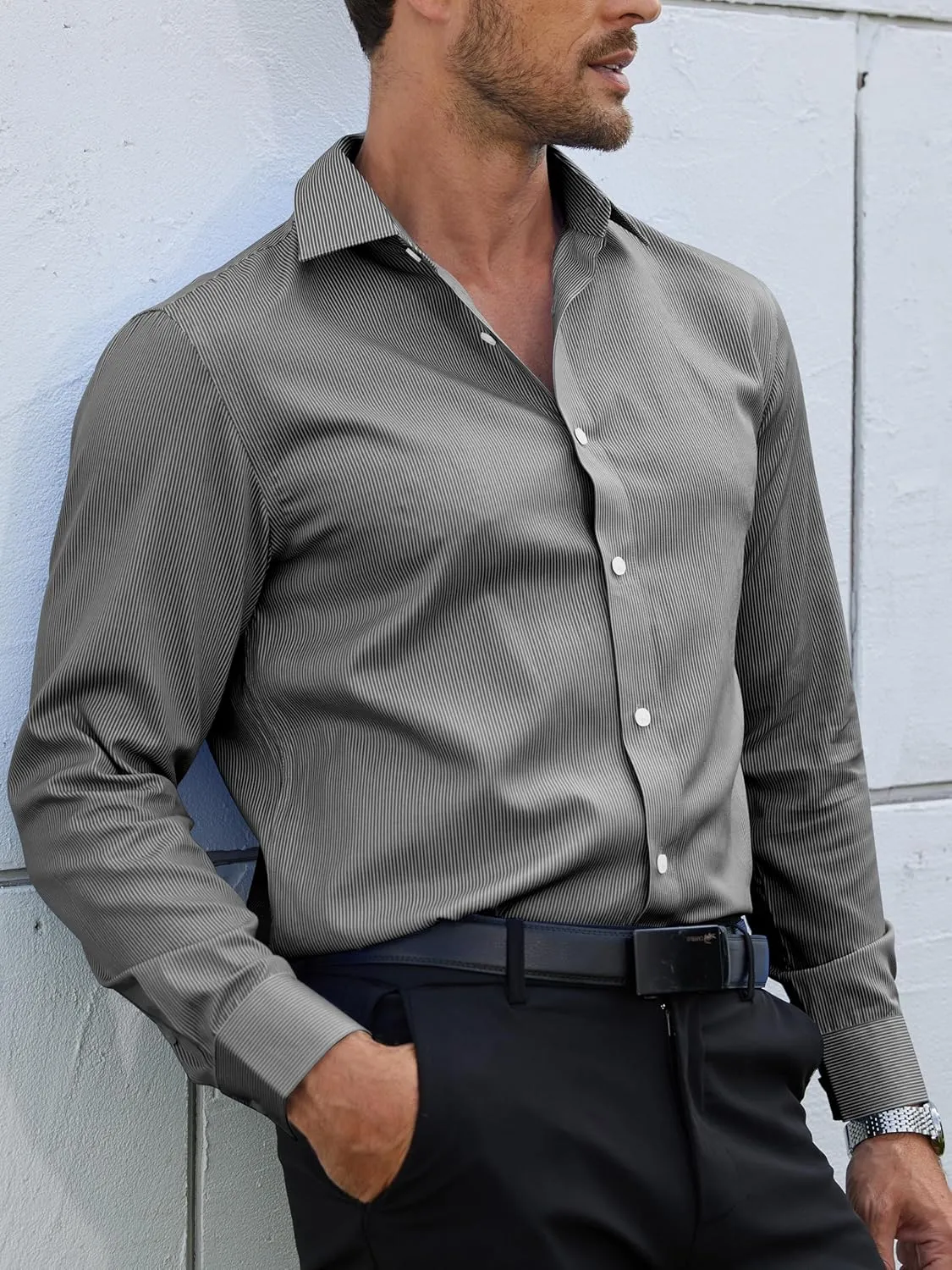Mens Grade 4 Wrinkle-Resistant Pinstripe Dress Shirts Regular Fit Long Sleeve Button Down Shirts