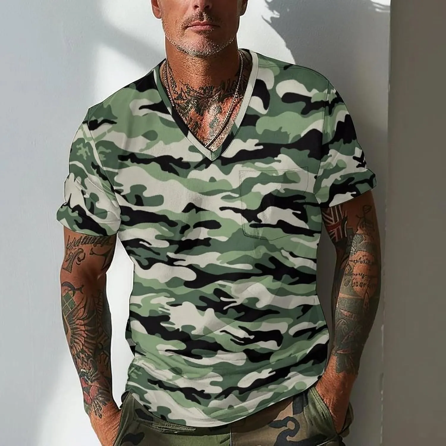 Mens Outdoor Fishing Tshirts V Neck Camouflage Hiking Army Training T-Shirts Short Sleeve Camping Hunting Active Tops