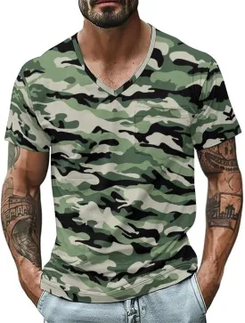 Mens Outdoor Fishing Tshirts V Neck Camouflage Hiking Army Training T-Shirts Short Sleeve Camping Hunting Active Tops