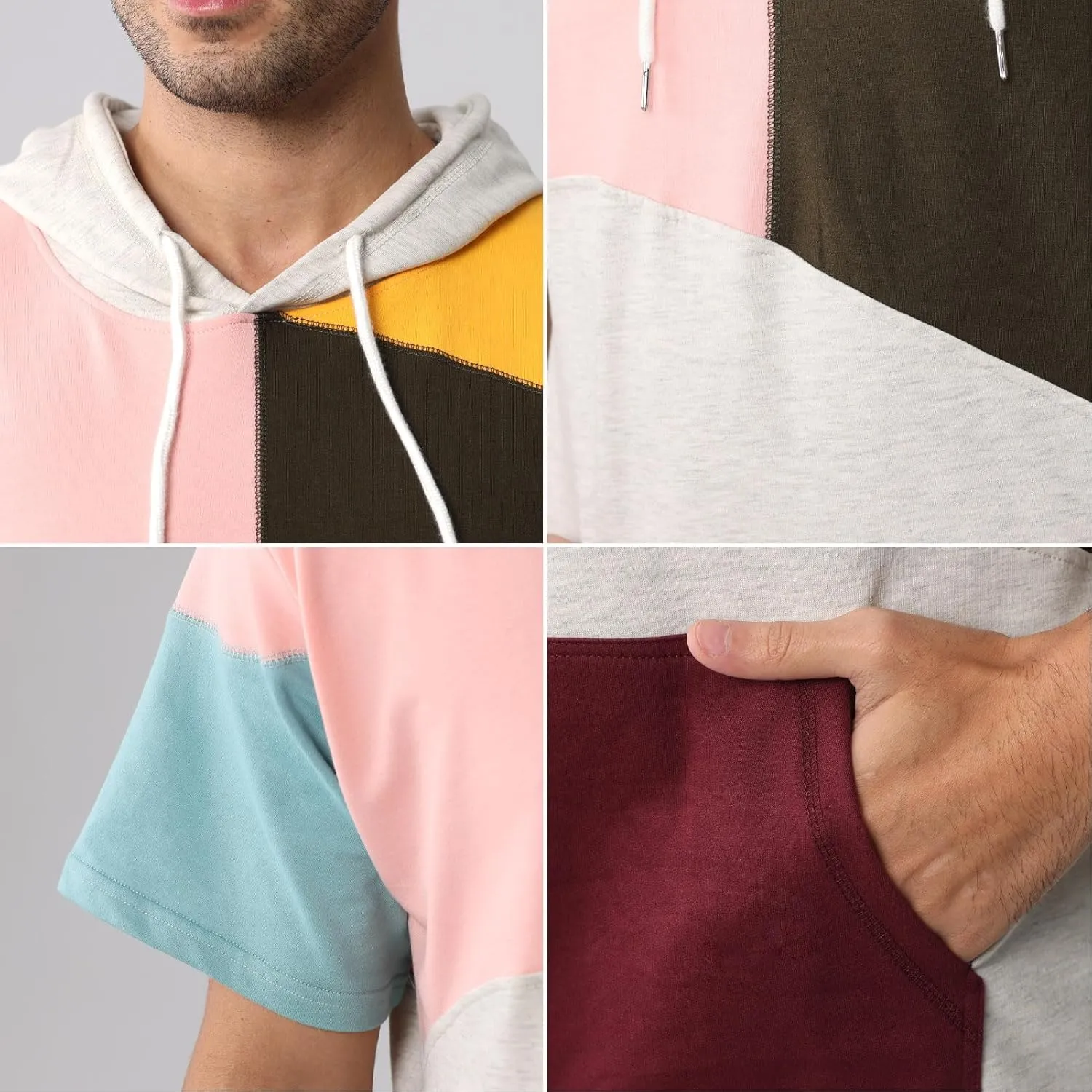 Mens Short Sleeve Hoodie Cotton Color Block T-Shirt Sweatshirt Moisture Wicking Half Sleeve Summer Pullover