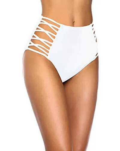 Mid High Rise Women's Sexy High Waisted Bikini Bottom-White