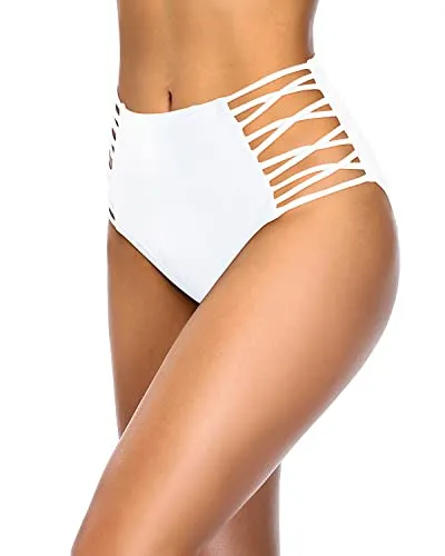 Mid High Rise Women's Sexy High Waisted Bikini Bottom-White