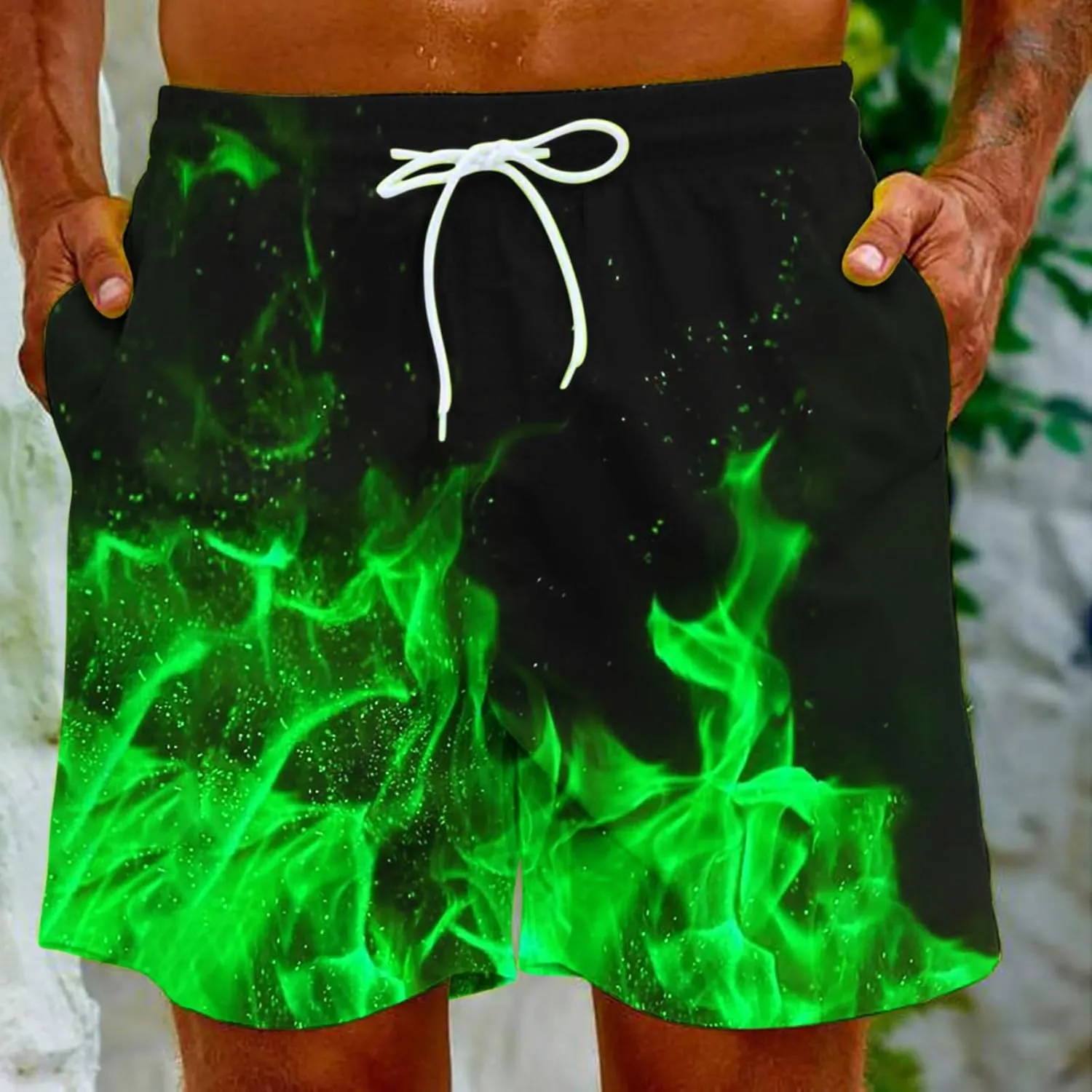 Muscularfit Swimsuit for Men 2024 Trendy Drawstring Quick Dry Swim Trunks with Pockets Casual Flame Print Beach Bathing Suits