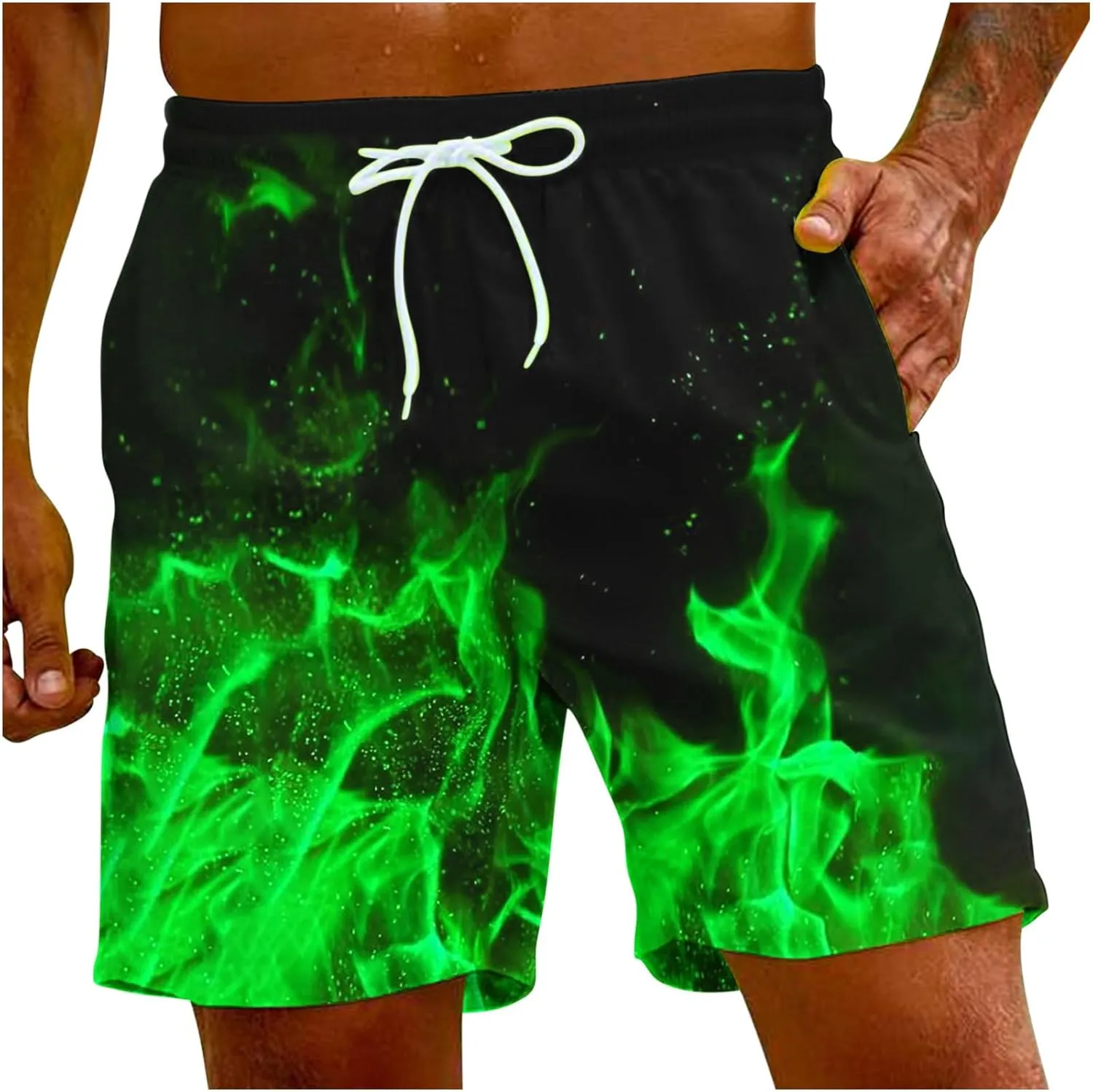 Muscularfit Swimsuit for Men 2024 Trendy Drawstring Quick Dry Swim Trunks with Pockets Casual Flame Print Beach Bathing Suits