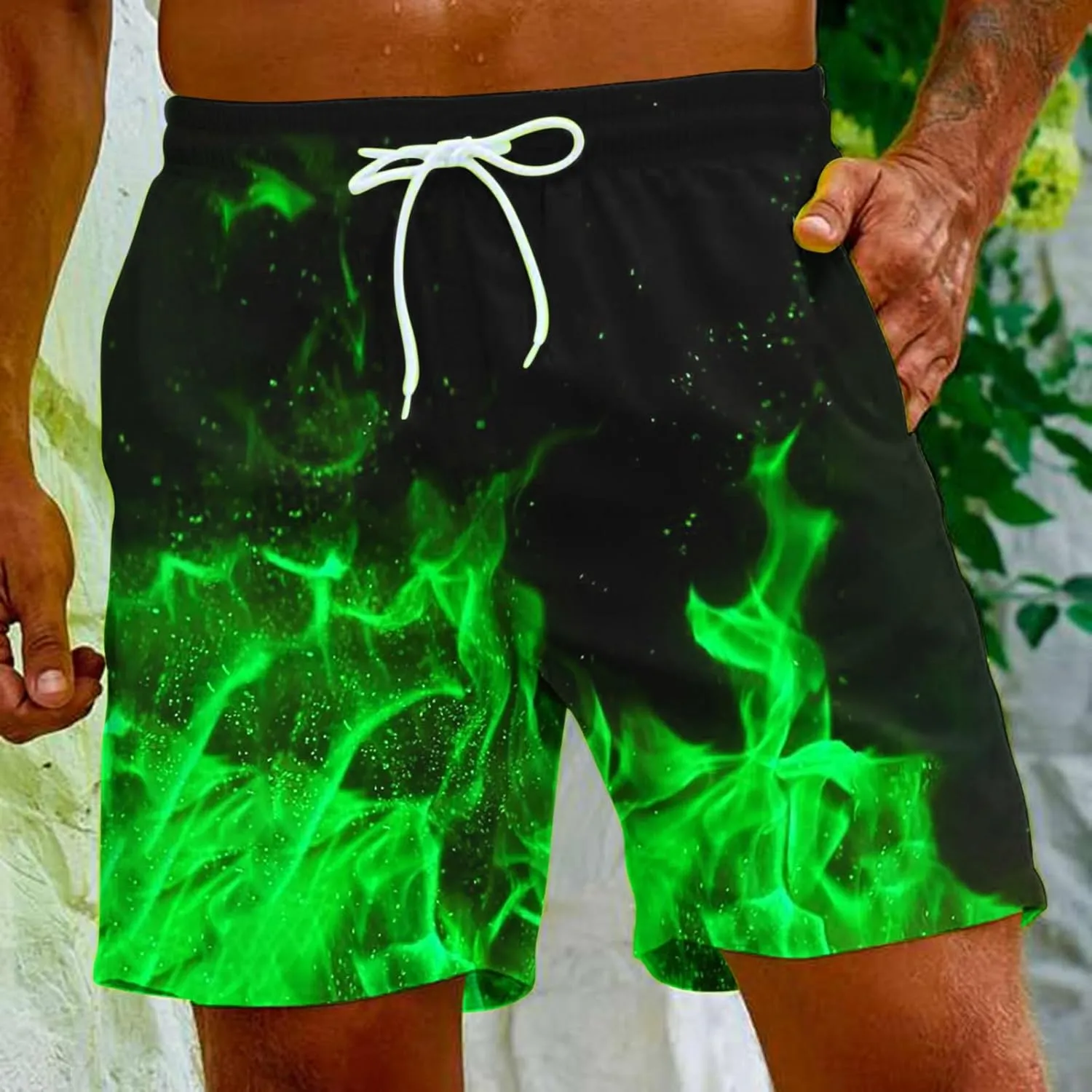 Muscularfit Swimsuit for Men 2024 Trendy Drawstring Quick Dry Swim Trunks with Pockets Casual Flame Print Beach Bathing Suits