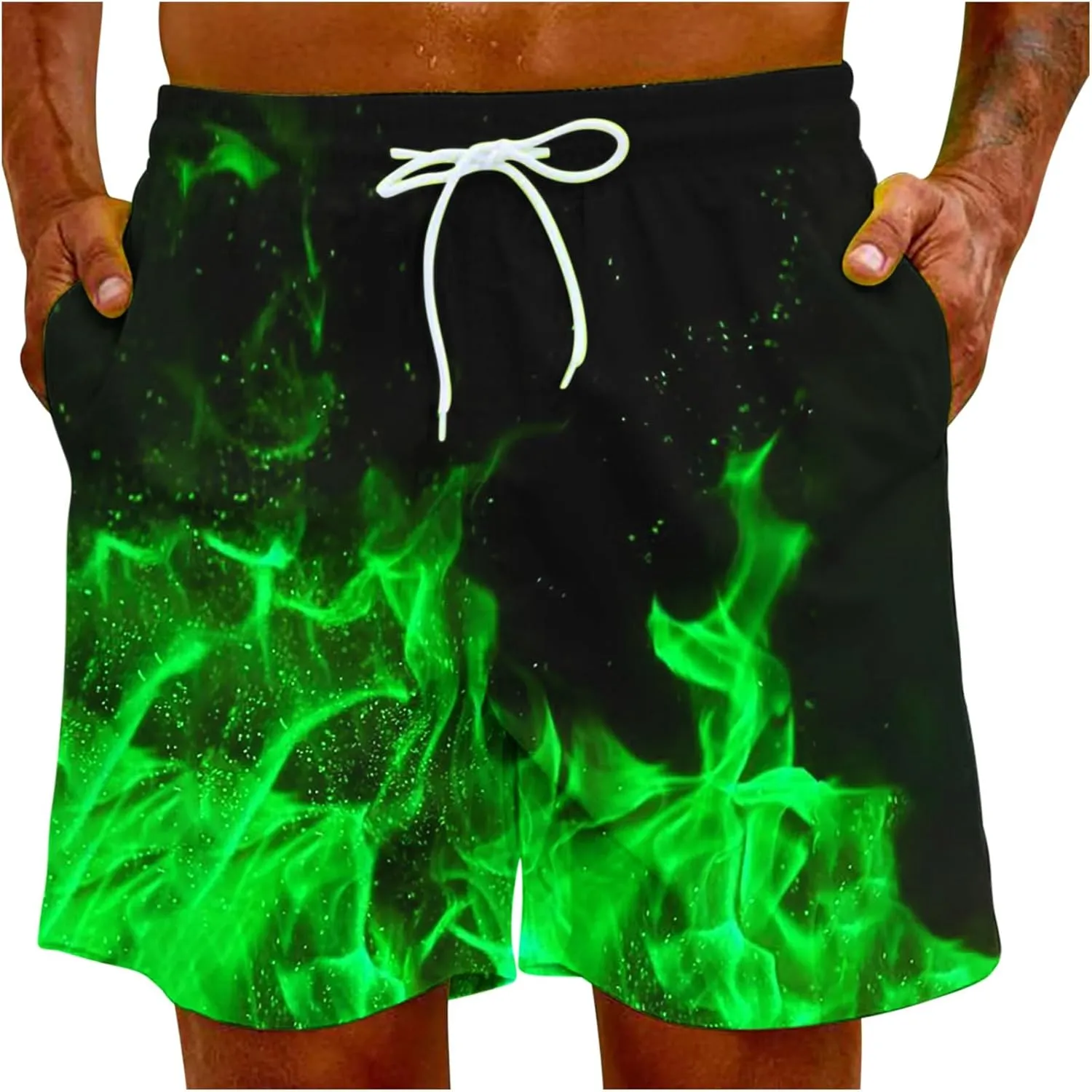 Muscularfit Swimsuit for Men 2024 Trendy Drawstring Quick Dry Swim Trunks with Pockets Casual Flame Print Beach Bathing Suits