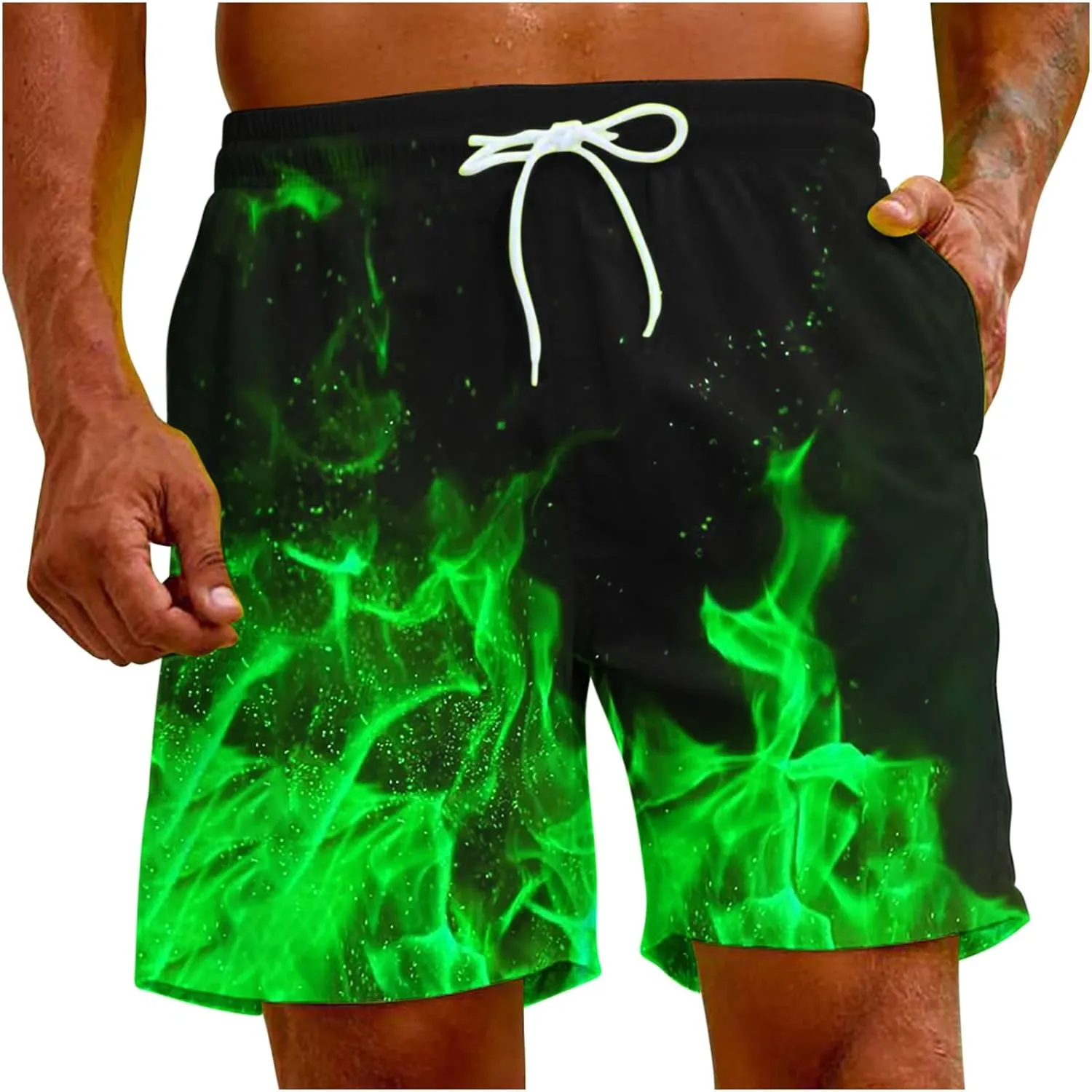 Muscularfit Swimsuit for Men 2024 Trendy Drawstring Quick Dry Swim Trunks with Pockets Casual Flame Print Beach Bathing Suits