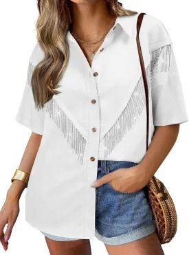 Nlife Womens Nashville Sparkly Rhinestone Fringe Buttons Shacket Concert Outfits Short Sleeves Spakle Tassel Shirts