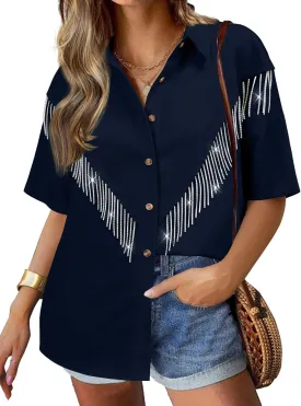 Nlife Womens Nashville Sparkly Rhinestone Fringe Buttons Shacket Concert Outfits Short Sleeves Spakle Tassel Shirts