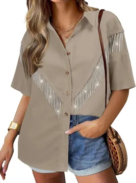 Nlife Womens Nashville Sparkly Rhinestone Fringe Buttons Shacket Concert Outfits Short Sleeves Spakle Tassel Shirts