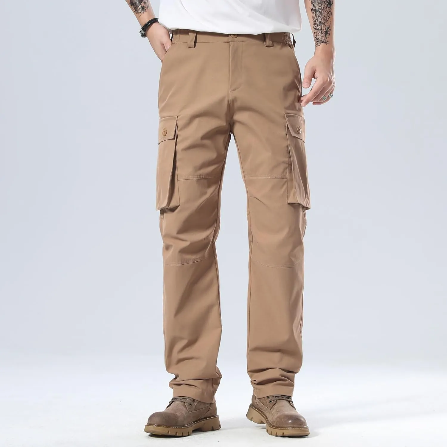 Plaid&Plain Men's Cargo Pants Loose Straight Fit with Multi-Pocket and Oversized Belt Loops