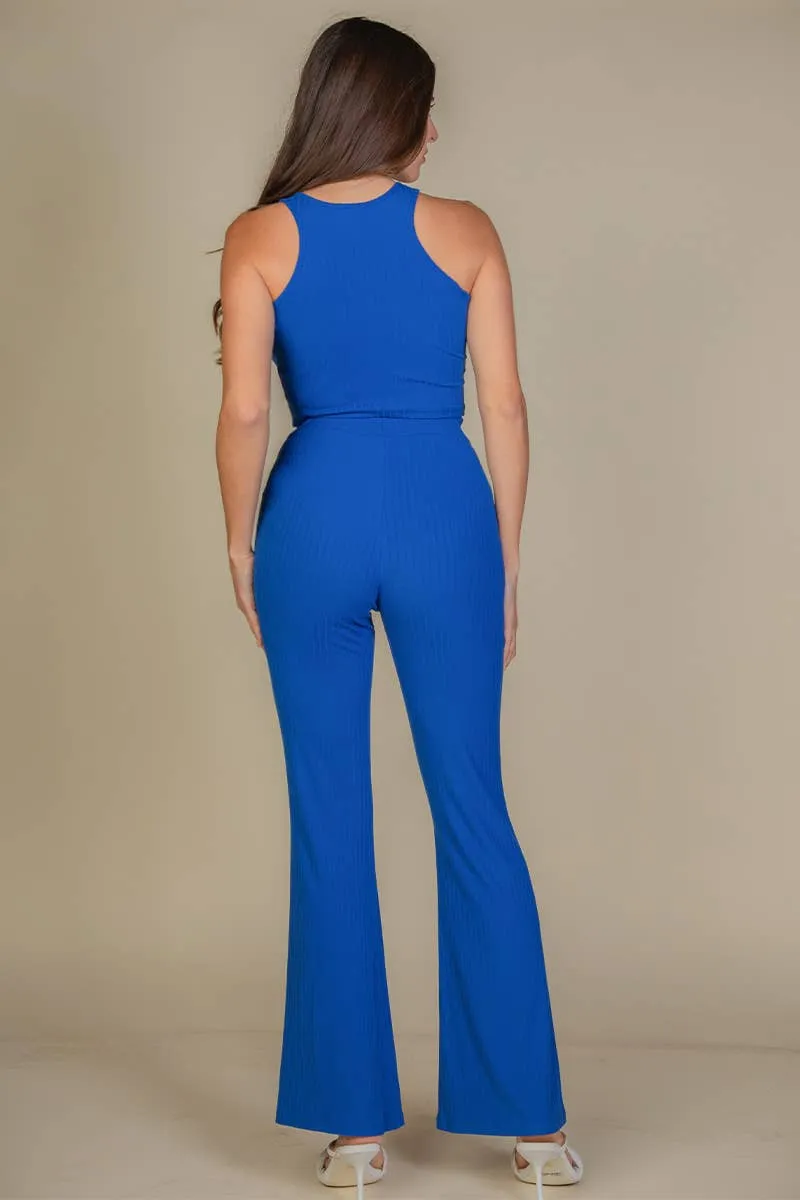 Ribbed Cropped Top and Bootcut Pants Sets - Royal