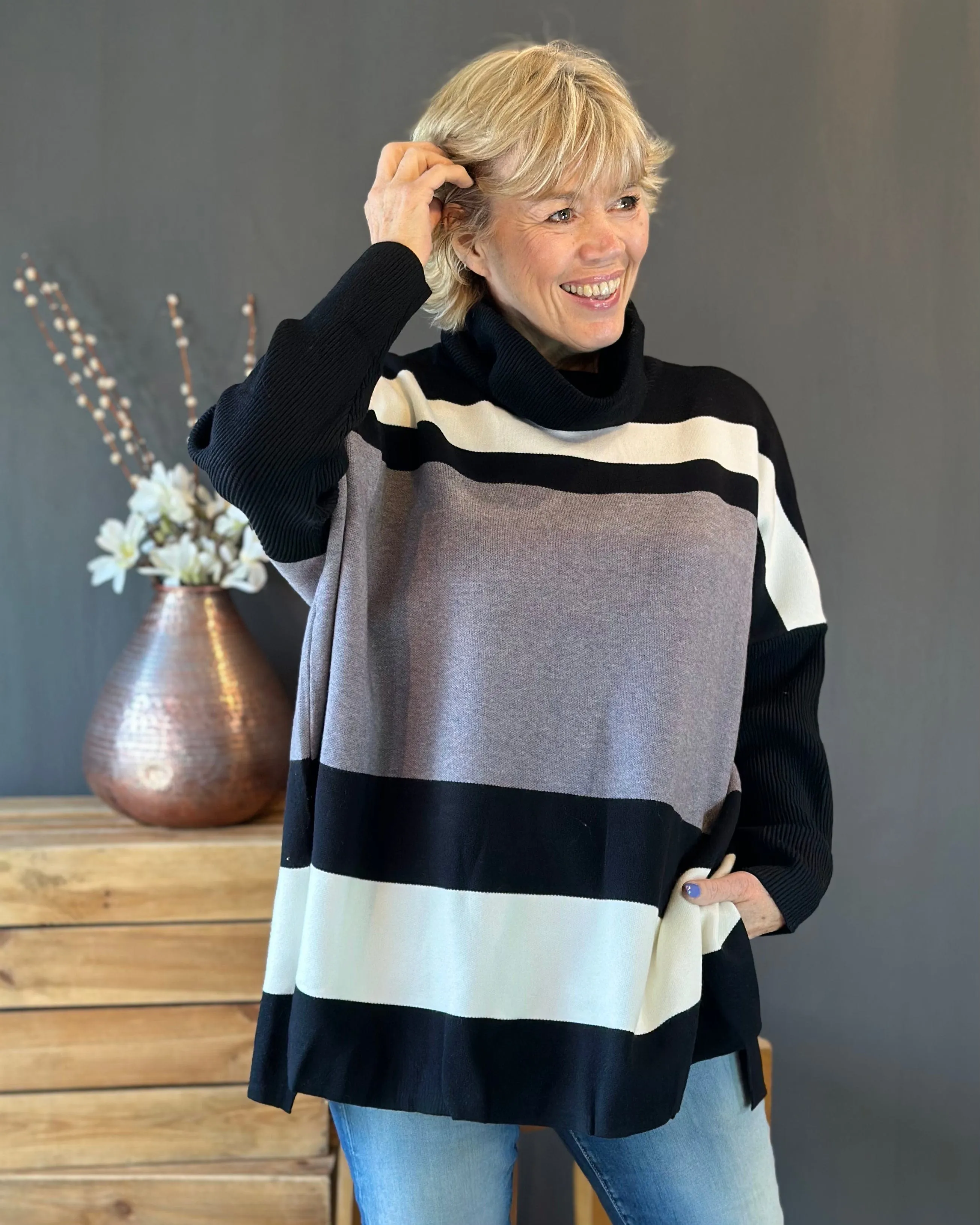 Roll Neck Colour Block Jumper - Black/Grey/White