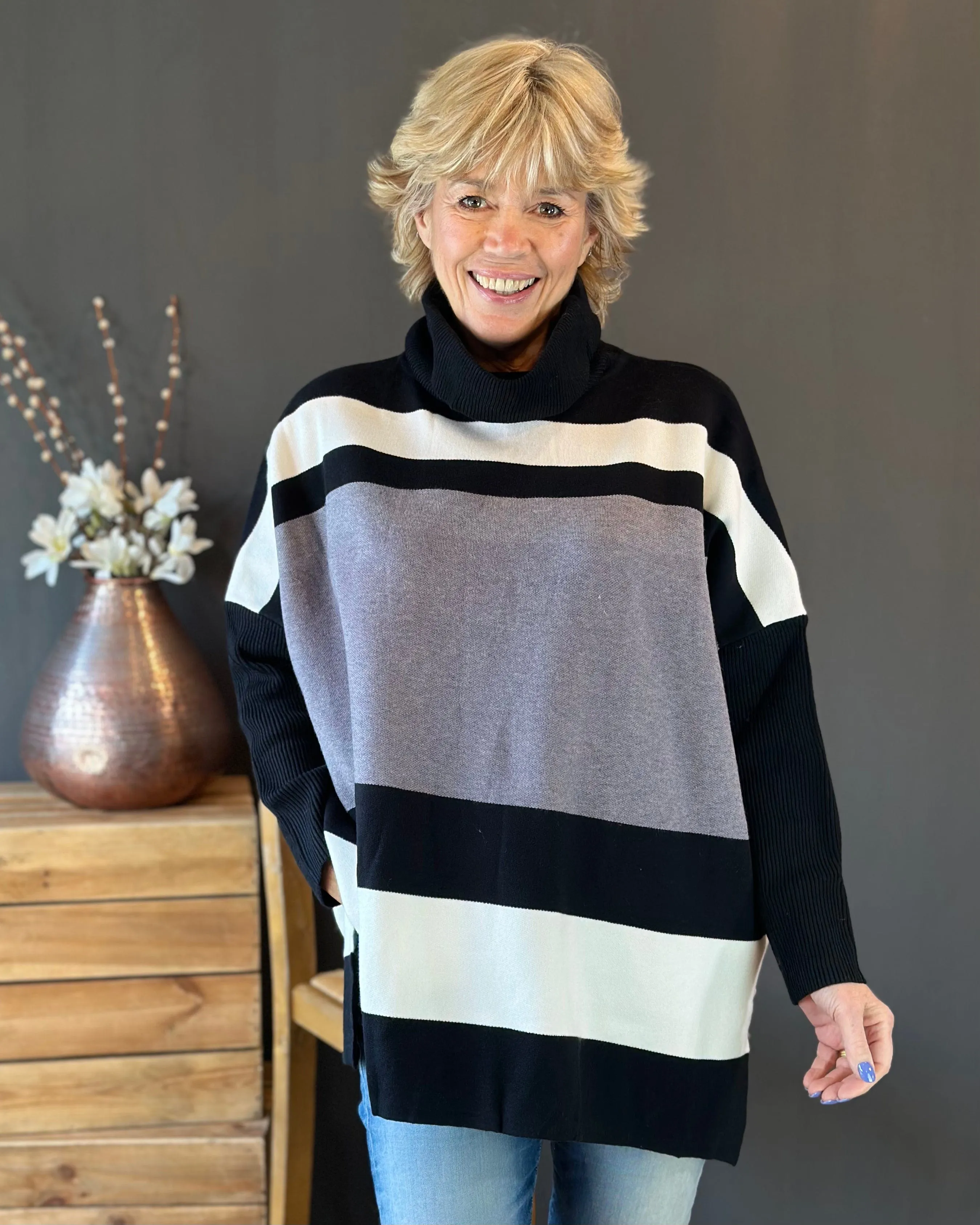Roll Neck Colour Block Jumper - Black/Grey/White