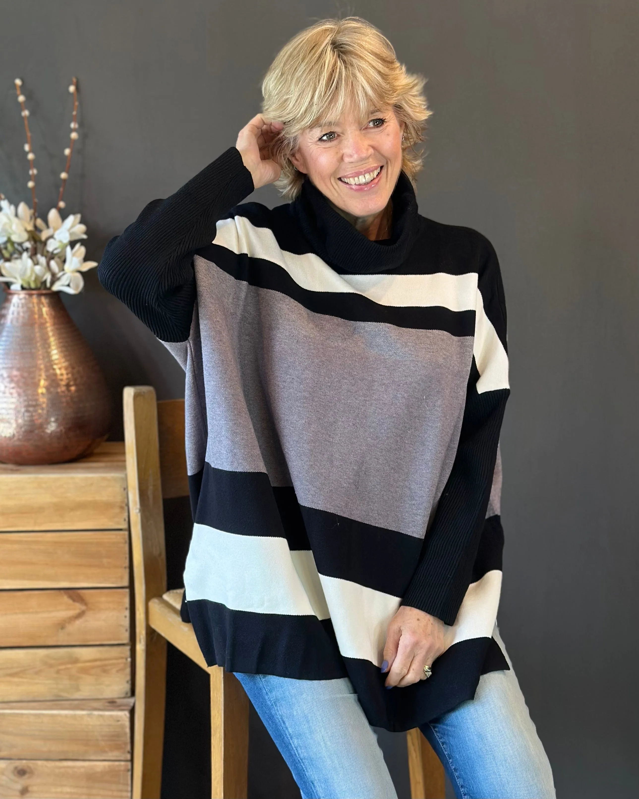 Roll Neck Colour Block Jumper - Black/Grey/White