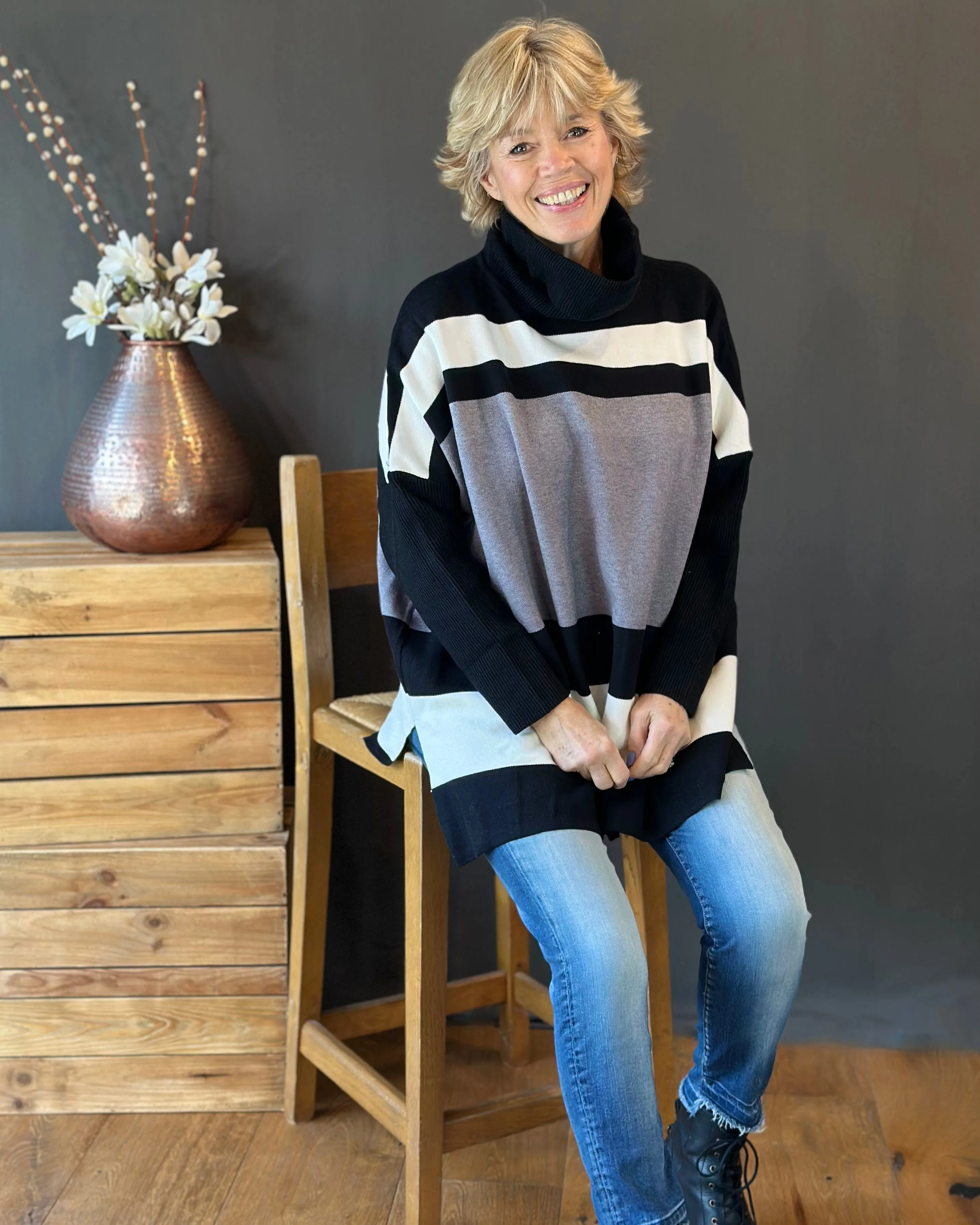 Roll Neck Colour Block Jumper - Black/Grey/White