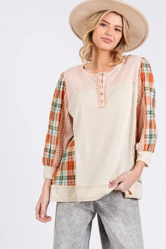 SAGE   FIG Exposed Seam Button Detail Plaid Top