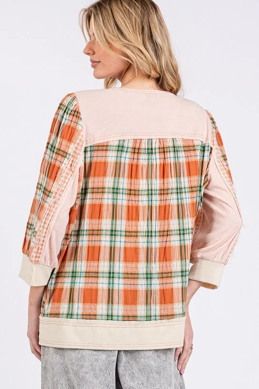 SAGE   FIG Exposed Seam Button Detail Plaid Top
