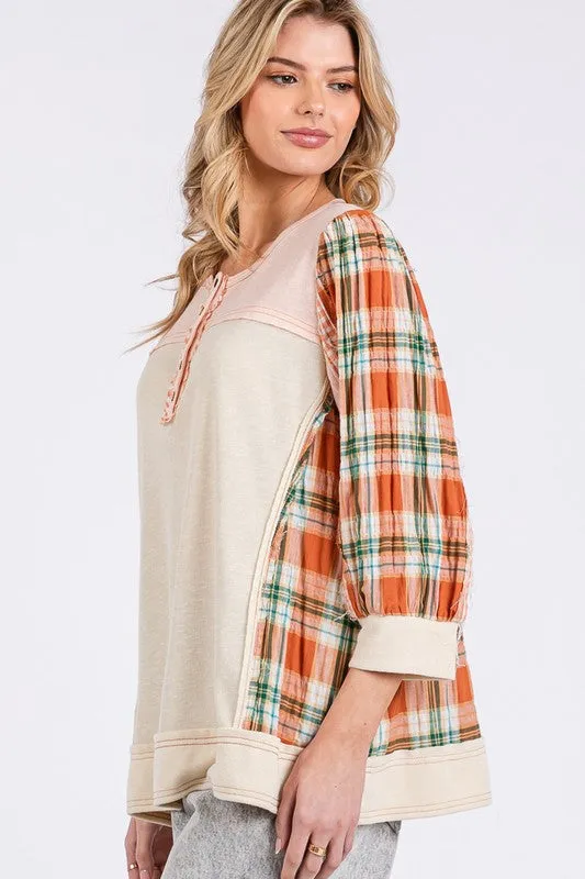 SAGE   FIG Exposed Seam Button Detail Plaid Top