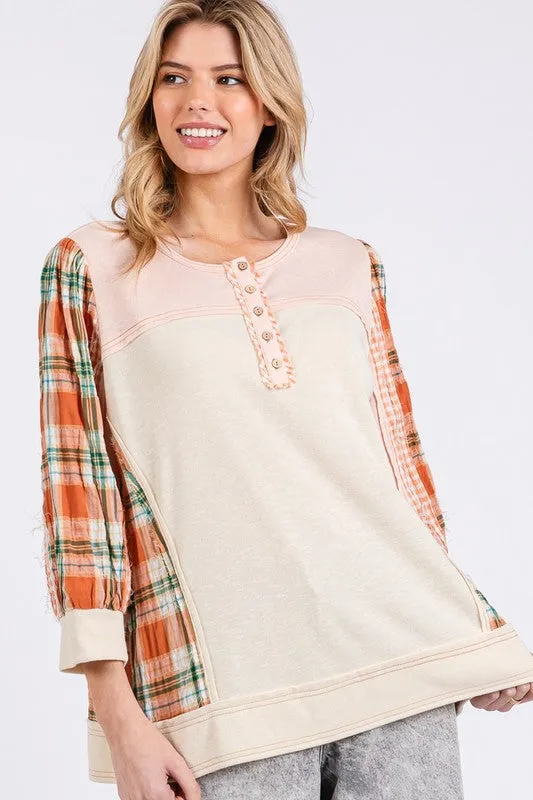 SAGE   FIG Exposed Seam Button Detail Plaid Top