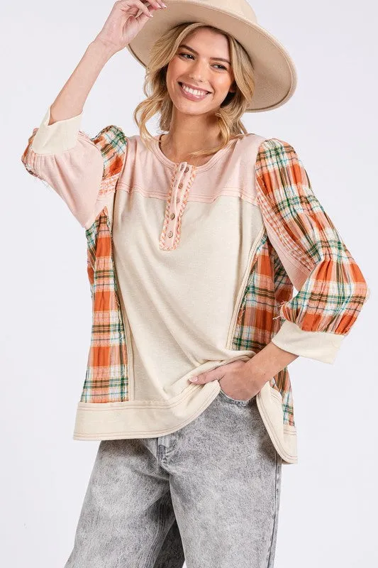 SAGE   FIG Exposed Seam Button Detail Plaid Top