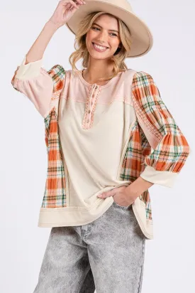 SAGE   FIG Exposed Seam Button Detail Plaid Top