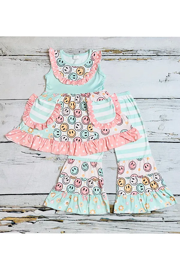 Smiley faces, stripped, & polka dots print ruffle sleeveless 2pc set 1128WY