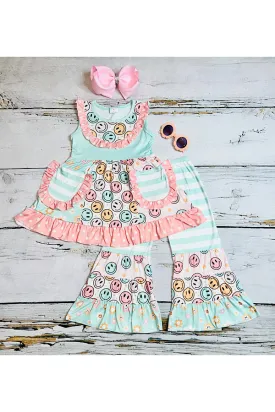 Smiley faces, stripped, & polka dots print ruffle sleeveless 2pc set 1128WY