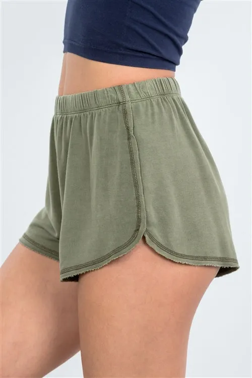 Unwind Cozy Raw Hem Olive Mini Shorts