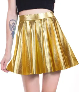 UTTPLL Women's Shiny Flared Metallic Holographic Pleated Mini Skater Skirt High Waist Costome Pleated Skirt